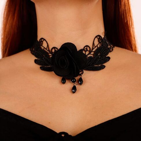 Missgrace Gothic Punk Halloween Black Flower Steampunk قلادة من الدانتيل الأسود للنساء in Saudi Arabia