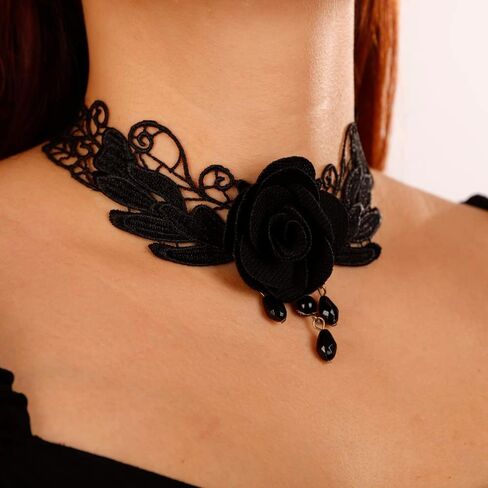 Missgrace Gothic Punk Halloween Black Flower Steampunk قلادة من الدانتيل الأسود للنساء in Saudi Arabia