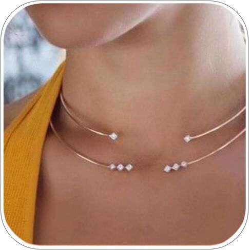 Charm Gold Open Choker Necklace for Women Sqaure Rhinestone Layered Cuff Collar Necklace Jewlery for Wedding Adjustable in Kuwait