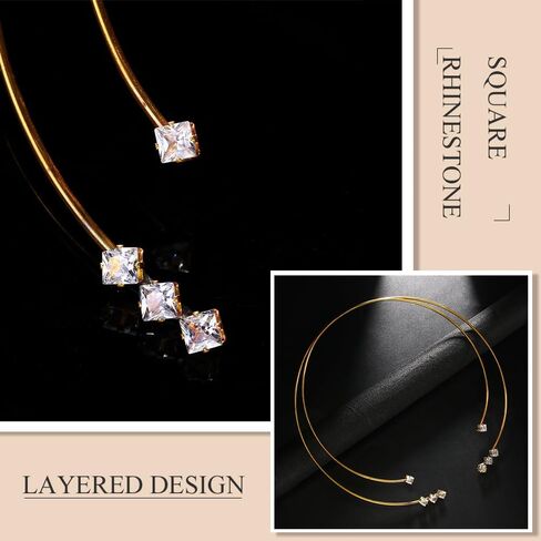 Charm Gold Open Choker Necklace for Women Sqaure Rhinestone Layered Cuff Collar Necklace Jewlery for Wedding Adjustable in Kuwait