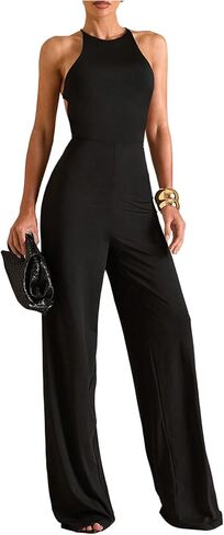 OYOANGLE Women's Dressy Halter Jumpsuits Sleeveless Criss Corss Backless Wide Leg Long Pants Romper in Saudi Arabia