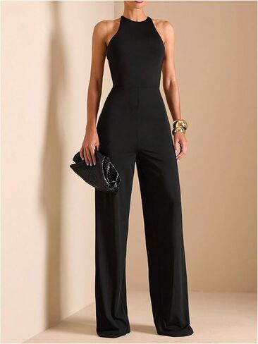 OYOANGLE Women's Dressy Halter Jumpsuits Sleeveless Criss Corss Backless Wide Leg Long Pants Romper in Saudi Arabia