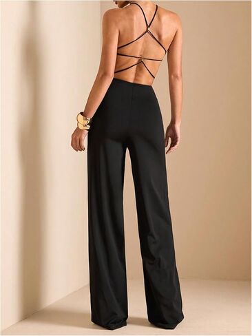 OYOANGLE Women's Dressy Halter Jumpsuits Sleeveless Criss Corss Backless Wide Leg Long Pants Romper in Saudi Arabia