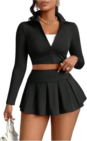 WDIRARA Women's 2 Piece Outfits Zip Up Long Sleeve Crop Top and A Line Mini Pleated Skirt Sets in Saudi Arabia