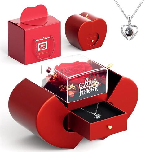 وردة حمراء حقيقية محفوظة مع قلادة أحبك 100 لغة، هدايا عيد ميلاد على شكل زهور إلى الأبد لصديقتك، الأم، الجدة، الزوجة، فكرة في عيد الميلاد، عيد الحب، عيد الأم، الذكرى السنوية (أحمر) in Kuwait