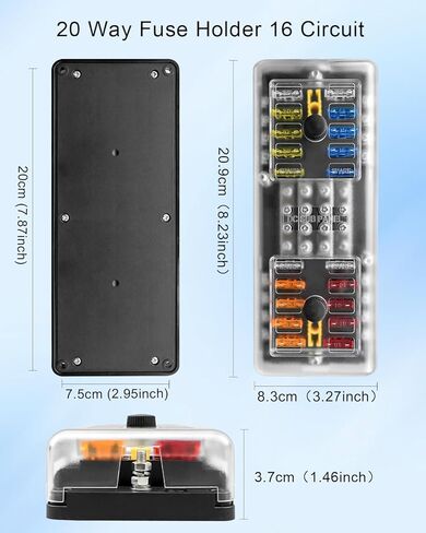 20 Way 16 Circuit Fuse Box, 100A Per Block, 30A Per Circuit, 36V DC, Metal & Plastic, Through-Hole Mount, Fuse Box in Saudi Arabia