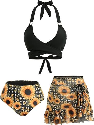 DRESSFO Womens High Waist Retro Bikini Sets 3 Pieces Sunflowers Plaid Print Halter Vintage Tankini Swimsuit Bathing Suit in Kuwait