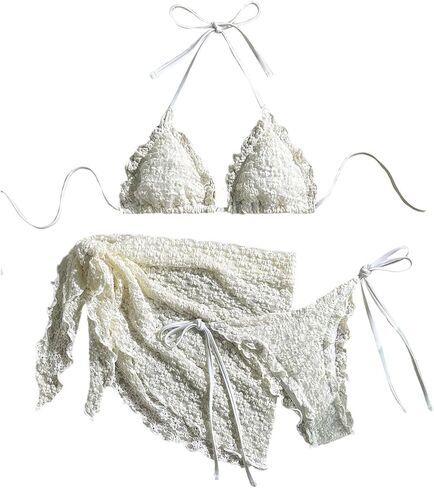 MAKEMECHIC Women's 3 Piece Summer Bathing Suit Floral Lace Seashell Triangle Bikini Sets with Beach Sarongs in Saudi Arabia