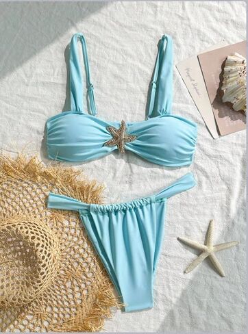 Women's Push Up Two-Piece Bikinis, Light Blue Starfish Accent Swimwear, Ruched Top and Sexy Brazilian Thong Bottom Bathing Suit. in Saudi Arabia