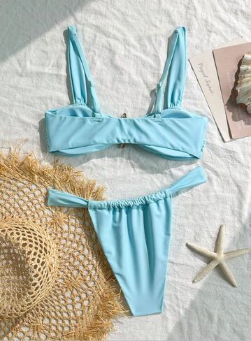 Women's Push Up Two-Piece Bikinis, Light Blue Starfish Accent Swimwear, Ruched Top and Sexy Brazilian Thong Bottom Bathing Suit. in Saudi Arabia