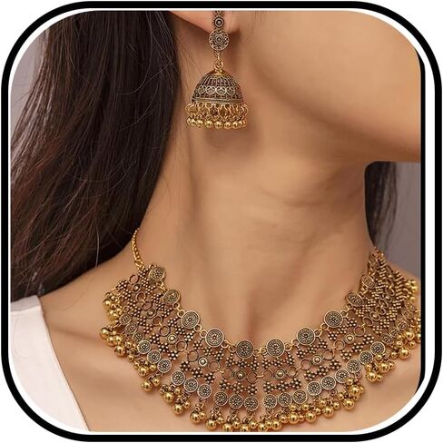 Indian Jewelry Sets for Women Bollywood Wedding Jewelry Necklace Set Choker Necklace with Maang Tikka Earrings Set in Kuwait