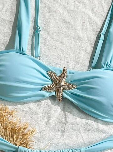 Women's Push Up Two-Piece Bikinis, Light Blue Starfish Accent Swimwear, Ruched Top and Sexy Brazilian Thong Bottom Bathing Suit. in Saudi Arabia