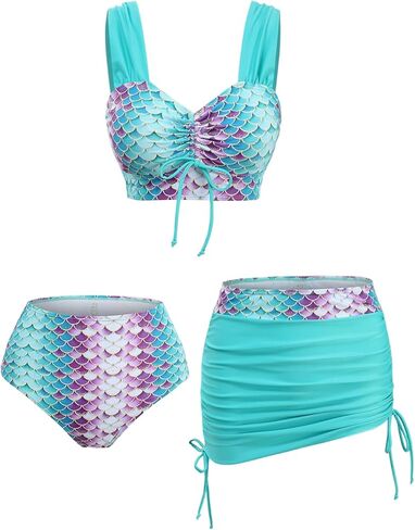 DRESSFO Women's Vintage Bikini Sets 3 Piece Mermaid Scale Printed Swimsuit Tummy Control Retro Tankini Bathing Suit in Kuwait
