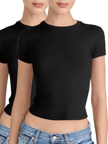 2 Piece T Shirts for Women - Workout Tops Women Tops Stretchy Ribbed Crop Top Set Casual Daily Tees in Saudi Arabia