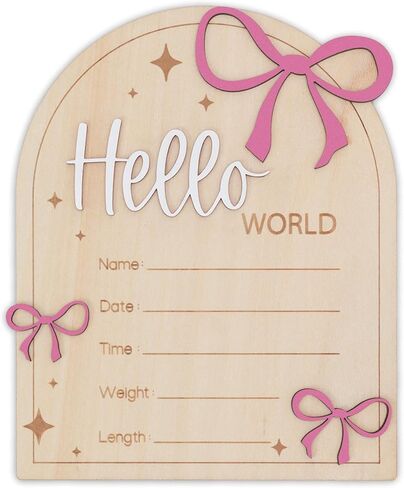 Hello World Baby Birth Stats Sign Wooden Keepsake with Pink Bow, Newborn Photo Prop, Nursery Decor, Baby Shower (Pink) in Kuwait