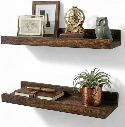 100% Real Wood Floating Shelves with Lip - 13.5 Inch Small Wall Mounted Ledge Shelf, Rustic Dark Brown Display Shelves for Nursery, Bedroom, Bathroom, Kitchen - Set of 2 in Kuwait
