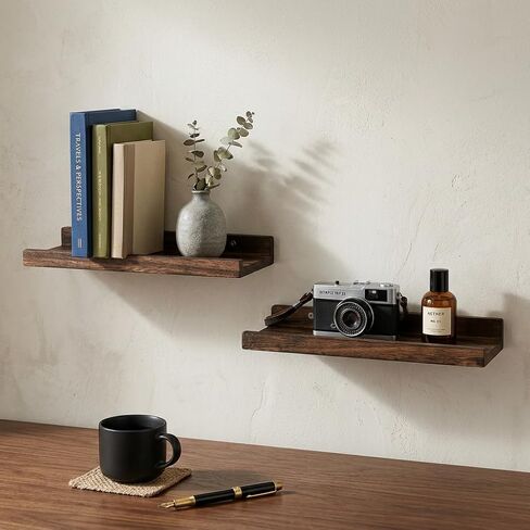 100% Real Wood Floating Shelves with Lip - 13.5 Inch Small Wall Mounted Ledge Shelf, Rustic Dark Brown Display Shelves for Nursery, Bedroom, Bathroom, Kitchen - Set of 2 in Kuwait
