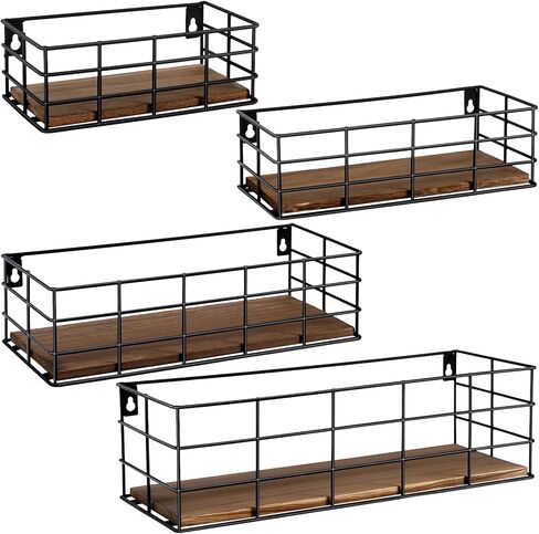 4 Sets of Hanging Floating Shelves, Metal Wire Storage Basket with Wood Bottoms, Hanging Storage Wall Shelf, Wall Mounted Shelves for Home Bathroom Living Room Bedroom Kitchen in Kuwait