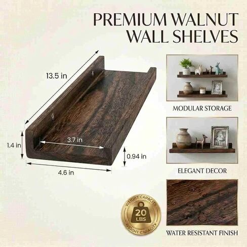 100% Real Wood Floating Shelves with Lip - 13.5 Inch Small Wall Mounted Ledge Shelf, Rustic Dark Brown Display Shelves for Nursery, Bedroom, Bathroom, Kitchen - Set of 2 in Kuwait