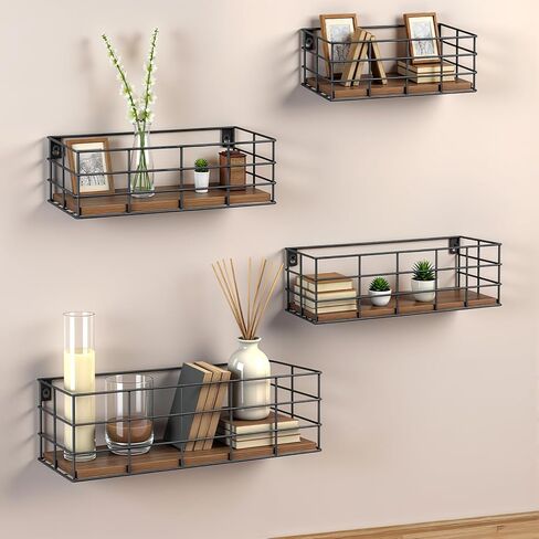 4 Sets of Hanging Floating Shelves, Metal Wire Storage Basket with Wood Bottoms, Hanging Storage Wall Shelf, Wall Mounted Shelves for Home Bathroom Living Room Bedroom Kitchen in Kuwait