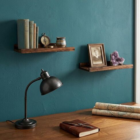 100% Real Wood Floating Shelves with Lip - 13.5 Inch Small Wall Mounted Ledge Shelf, Rustic Dark Brown Display Shelves for Nursery, Bedroom, Bathroom, Kitchen - Set of 2 in Kuwait