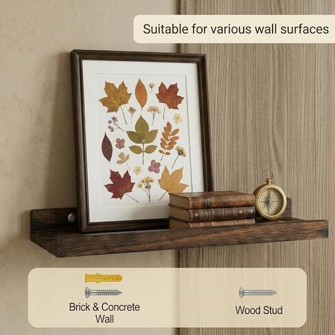 100% Real Wood Floating Shelves with Lip - 13.5 Inch Small Wall Mounted Ledge Shelf, Rustic Dark Brown Display Shelves for Nursery, Bedroom, Bathroom, Kitchen - Set of 2 in Kuwait