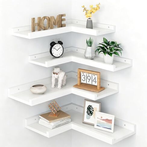 4-Tier White Corner Floating Shelves Wall Mounted - Floating Shelves with Lip, Solid Pine Wooden Corner Wall Shelf for Wall Déco,L Shaped Shelf for Living Room, Bedroom, Bathroom, Home Storage. in Saudi Arabia