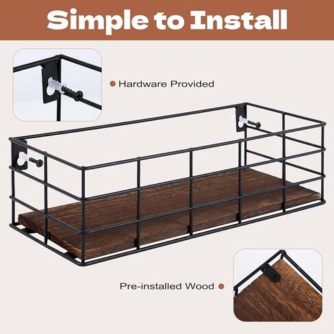 4 Sets of Hanging Floating Shelves, Metal Wire Storage Basket with Wood Bottoms, Hanging Storage Wall Shelf, Wall Mounted Shelves for Home Bathroom Living Room Bedroom Kitchen in Kuwait