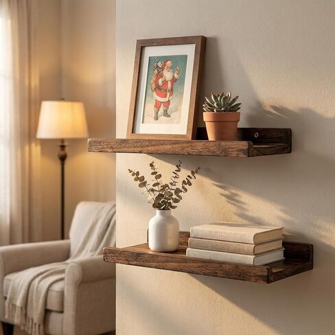100% Real Wood Floating Shelves with Lip - 13.5 Inch Small Wall Mounted Ledge Shelf, Rustic Dark Brown Display Shelves for Nursery, Bedroom, Bathroom, Kitchen - Set of 2 in Kuwait