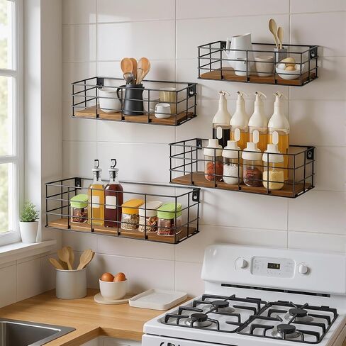 4 Sets of Hanging Floating Shelves, Metal Wire Storage Basket with Wood Bottoms, Hanging Storage Wall Shelf, Wall Mounted Shelves for Home Bathroom Living Room Bedroom Kitchen in Kuwait