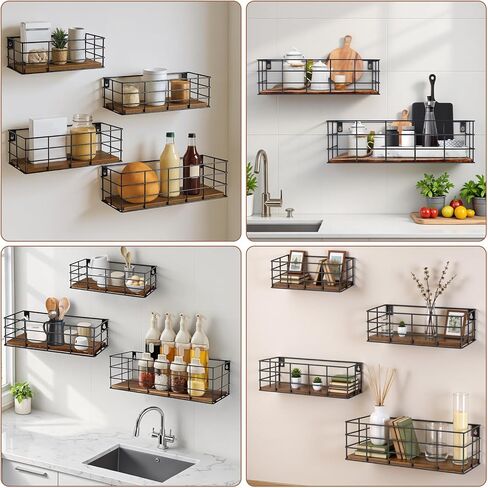 4 Sets of Hanging Floating Shelves, Metal Wire Storage Basket with Wood Bottoms, Hanging Storage Wall Shelf, Wall Mounted Shelves for Home Bathroom Living Room Bedroom Kitchen in Kuwait