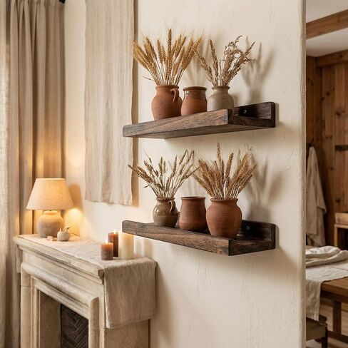 100% Real Wood Floating Shelves with Lip - 13.5 Inch Small Wall Mounted Ledge Shelf, Rustic Dark Brown Display Shelves for Nursery, Bedroom, Bathroom, Kitchen - Set of 2 in Kuwait