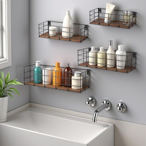 4 Sets of Hanging Floating Shelves, Metal Wire Storage Basket with Wood Bottoms, Hanging Storage Wall Shelf, Wall Mounted Shelves for Home Bathroom Living Room Bedroom Kitchen in Kuwait