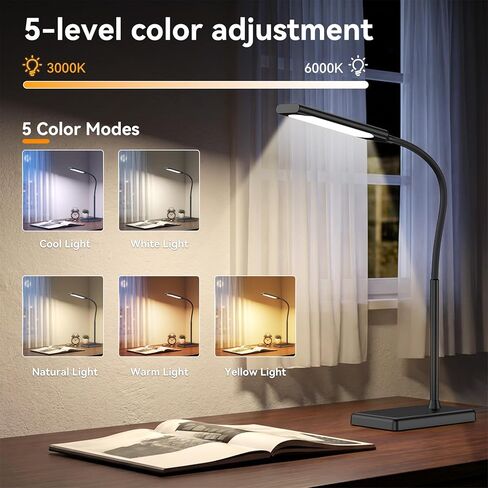 مصباح مكتب LED يعمل باللمس مع منفذ شحن USB، 5 أوضاع ألوان، 6 مستويات سطوع خافتة، مصباح مكتب للعناية بالعين مع وظيفة الذاكرة، مؤقت 1 ساعة، مصباح طاولة للرقبة قابل للتعديل in Kuwait