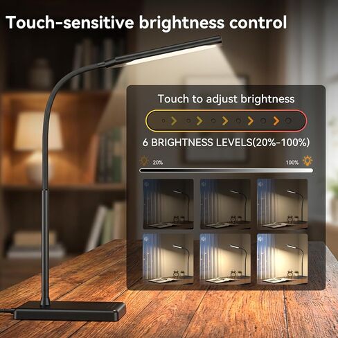 مصباح مكتب LED يعمل باللمس مع منفذ شحن USB، 5 أوضاع ألوان، 6 مستويات سطوع خافتة، مصباح مكتب للعناية بالعين مع وظيفة الذاكرة، مؤقت 1 ساعة، مصباح طاولة للرقبة قابل للتعديل in Kuwait