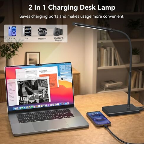 مصباح مكتب LED يعمل باللمس مع منفذ شحن USB، 5 أوضاع ألوان، 6 مستويات سطوع خافتة، مصباح مكتب للعناية بالعين مع وظيفة الذاكرة، مؤقت 1 ساعة، مصباح طاولة للرقبة قابل للتعديل in Kuwait