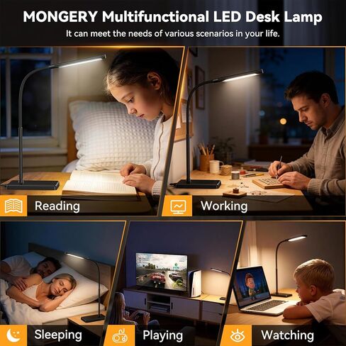 مصباح مكتب LED يعمل باللمس مع منفذ شحن USB، 5 أوضاع ألوان، 6 مستويات سطوع خافتة، مصباح مكتب للعناية بالعين مع وظيفة الذاكرة، مؤقت 1 ساعة، مصباح طاولة للرقبة قابل للتعديل in Kuwait