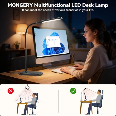 مصباح مكتب LED يعمل باللمس مع منفذ شحن USB، 5 أوضاع ألوان، 6 مستويات سطوع خافتة، مصباح مكتب للعناية بالعين مع وظيفة الذاكرة، مؤقت 1 ساعة، مصباح طاولة للرقبة قابل للتعديل in Kuwait
