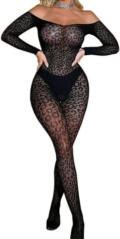 Lunedear Womens Sexy Body Stockings Full Body Bodysuits Leopard Print Lingerie Jumpsuits in Kuwait