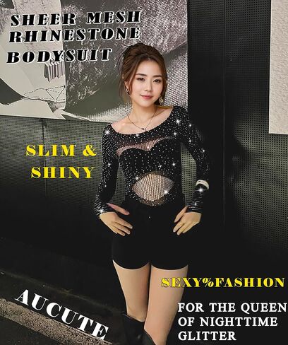 Sparkly Rave Outfits for Women, Sexy Hollow See Through Mesh Fishnet Long Sleeve Rhinestone Bodysuit Tops in Saudi Arabia