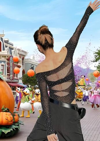 Sparkly Rave Outfits for Women, Sexy Hollow See Through Mesh Fishnet Long Sleeve Rhinestone Bodysuit Tops in Saudi Arabia