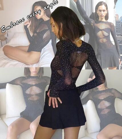 Sparkly Rave Outfits for Women, Sexy Hollow See Through Mesh Fishnet Long Sleeve Rhinestone Bodysuit Tops in Saudi Arabia