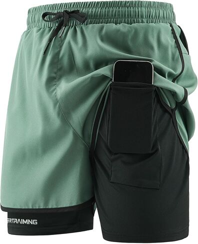 شورت جري 2 في 1 للرجال مع بطانة، شورت رياضي رياضي سريع الجفاف، خفيف الوزن، شورت رياضي للتمرين مع جيوب in Kuwait