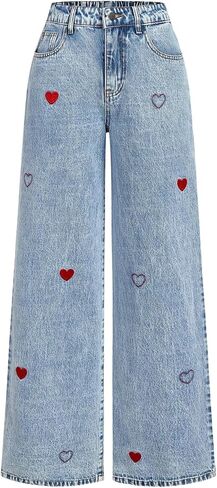 WDIRARA Women's Heart Embroidery Baggy Jeans Straight Leg Denim Pants in Saudi Arabia