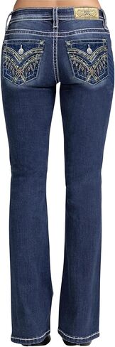 Miss Me Women's Diamond Fringe Embellished Faux Flap Pockets Mid-Rise Bootcut Jeans in Saudi Arabia