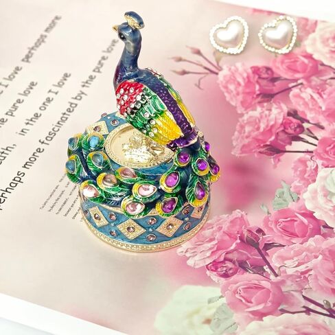 صندوق حلية طاووس صغير مطلي بالمينا، منظم مجوهرات صغير معدني مطلي يدويًا، حامل أقراط حلقية على شكل طاووس ديكور هدية صندوق تذكاري للنساء والفتيات in Kuwait
