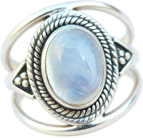 S925 الفضة الاسترليني خاتم حجر القمر للنساء Grils 18K الذهب الأبيض خمر قوس قزح Moonstone خواتم البيضاوي Moonstone سوليتير خواتم الراحة تناسب حجم 6 إلى 10 حجم 8 in Saudi Arabia