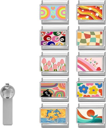 Italian Charms Sliver Heart Cat 10Pcs Charms Set Flower 9mm Italian Modular Charm Bracelet DIY Module Jewelry Gifts for Women Heart Black in Kuwait