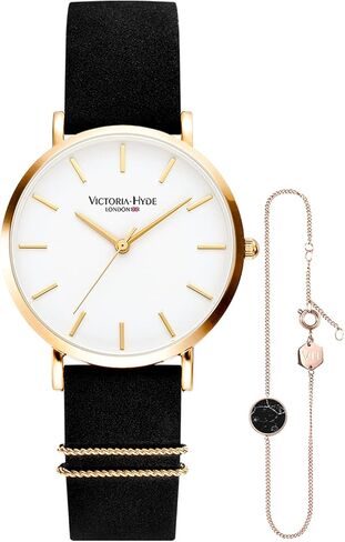 VICTORIA HYDE Women Watches Adjustable Bracelet Set Analog Quartz Detachable Genuine Leather Strap Ladies Wristwatch Gifts for Her Black White in Kuwait
