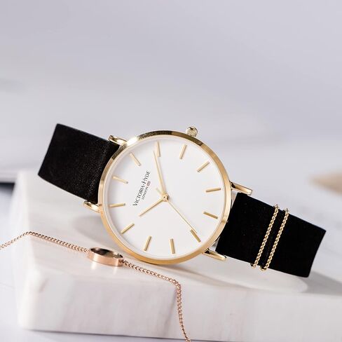 VICTORIA HYDE Women Watches Adjustable Bracelet Set Analog Quartz Detachable Genuine Leather Strap Ladies Wristwatch Gifts for Her Black White in Kuwait